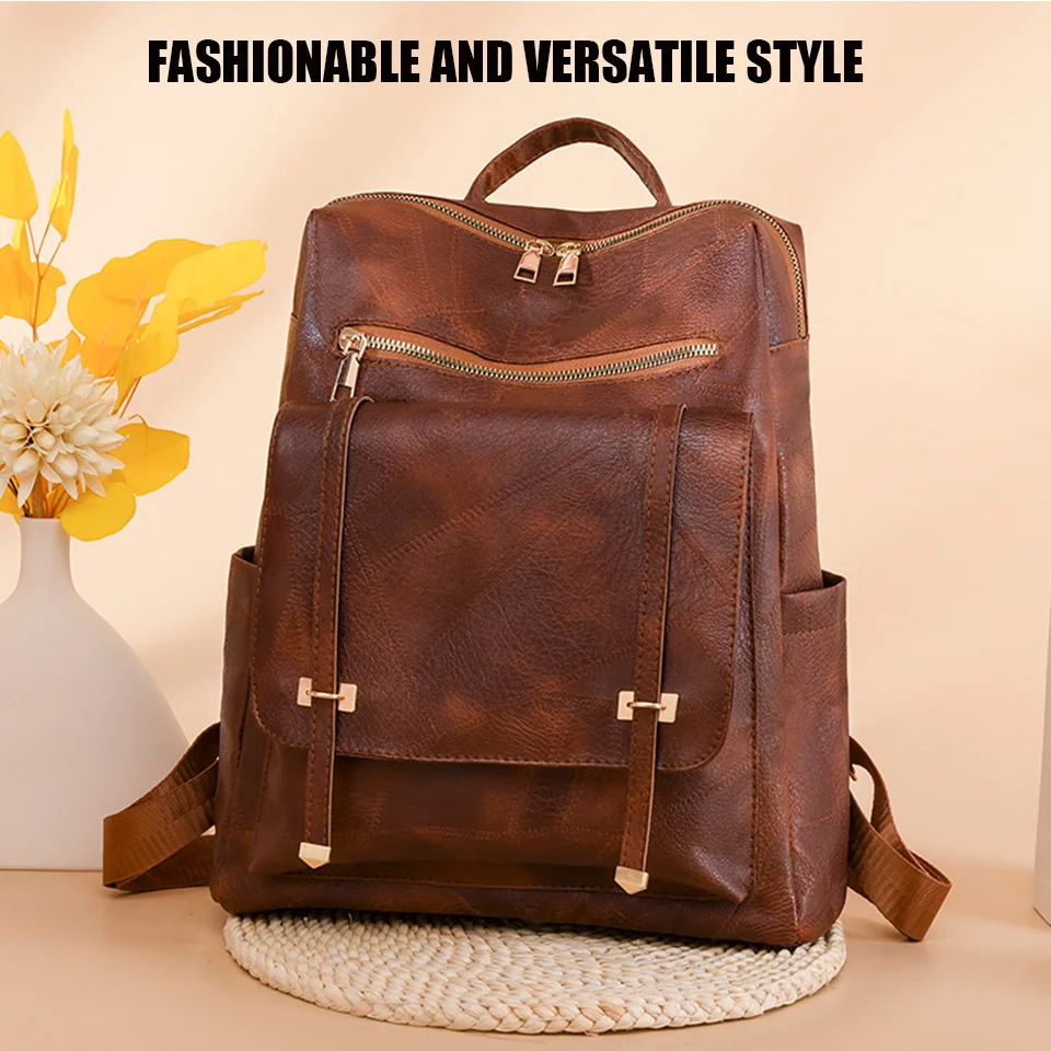 Womens Backpack Vintage Pu Leather Daypack Brown Casual Travel Retro Student School Bag