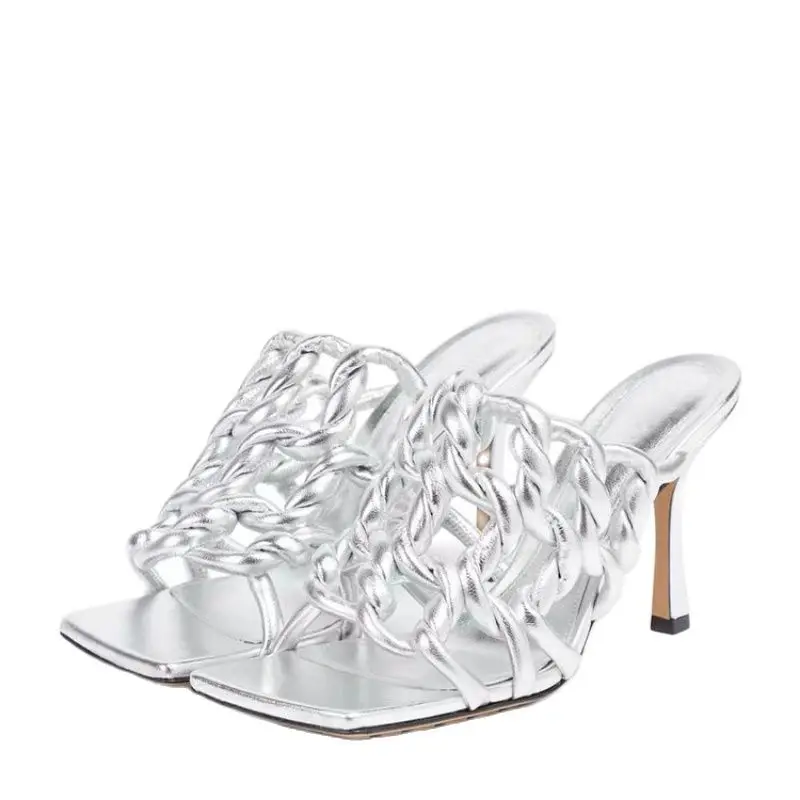 

2023 Women's Spring and Summer European and American New Square-toe Woven Sandals Fashion Slim High-heeled Walking Shoes