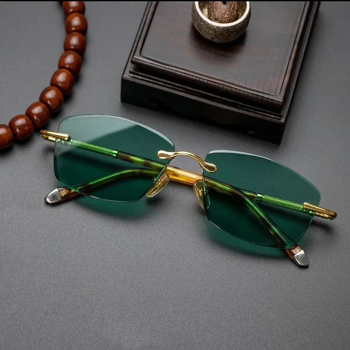 

Мужские солнцезащитные очки Zerosun, зеленые солнцезащитные очки без оправы, с натуральными минеральными кристаллами, с защитой от царапин