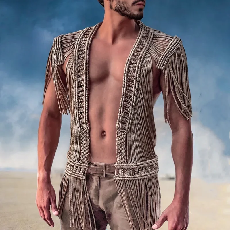 Cardigan crocheté main homme été 2025 pour plage et pêche côtier mailles ajourées avec franges