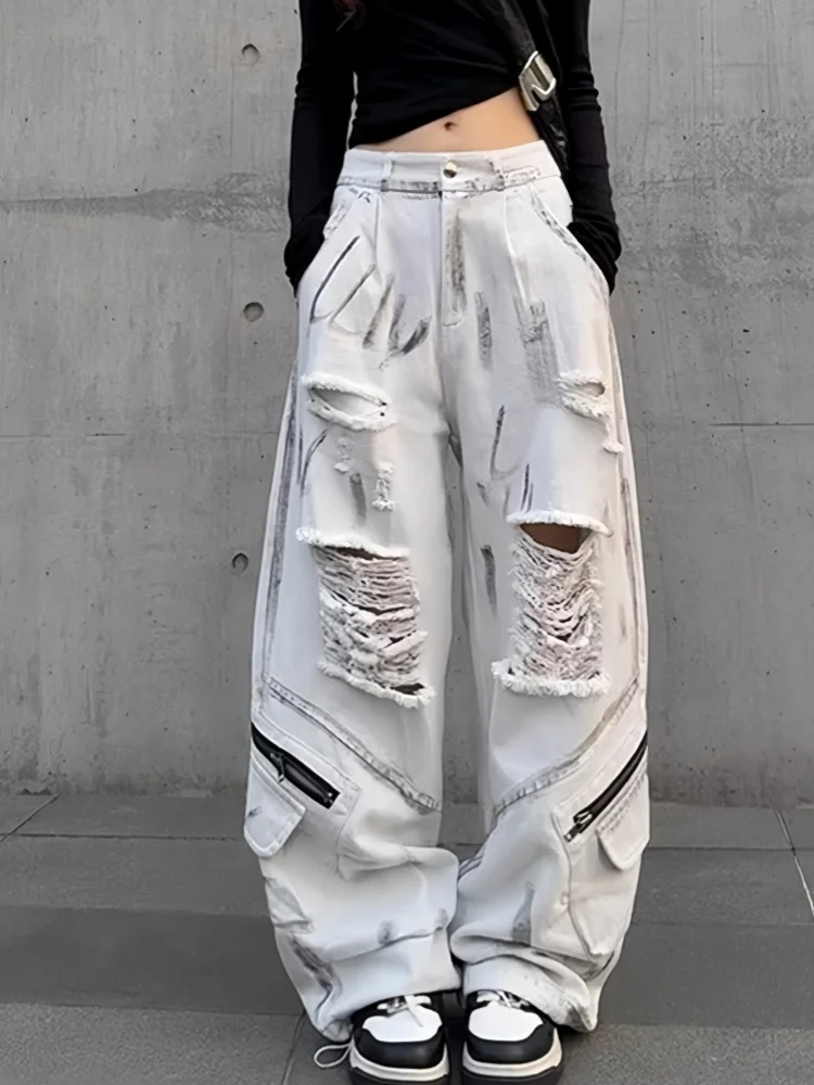 Y2K 2000S White Graffiti Ripped Baggy Stacked Cargo Jeans Pants