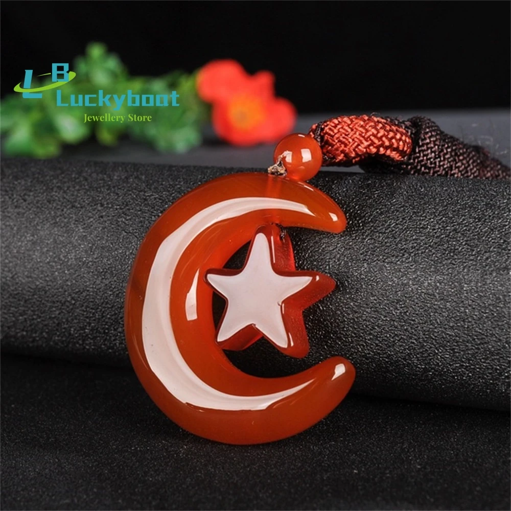 

Ice White Jade Pith Star Moon Pendant Women's Red Agate Star Moon Sweater Chain