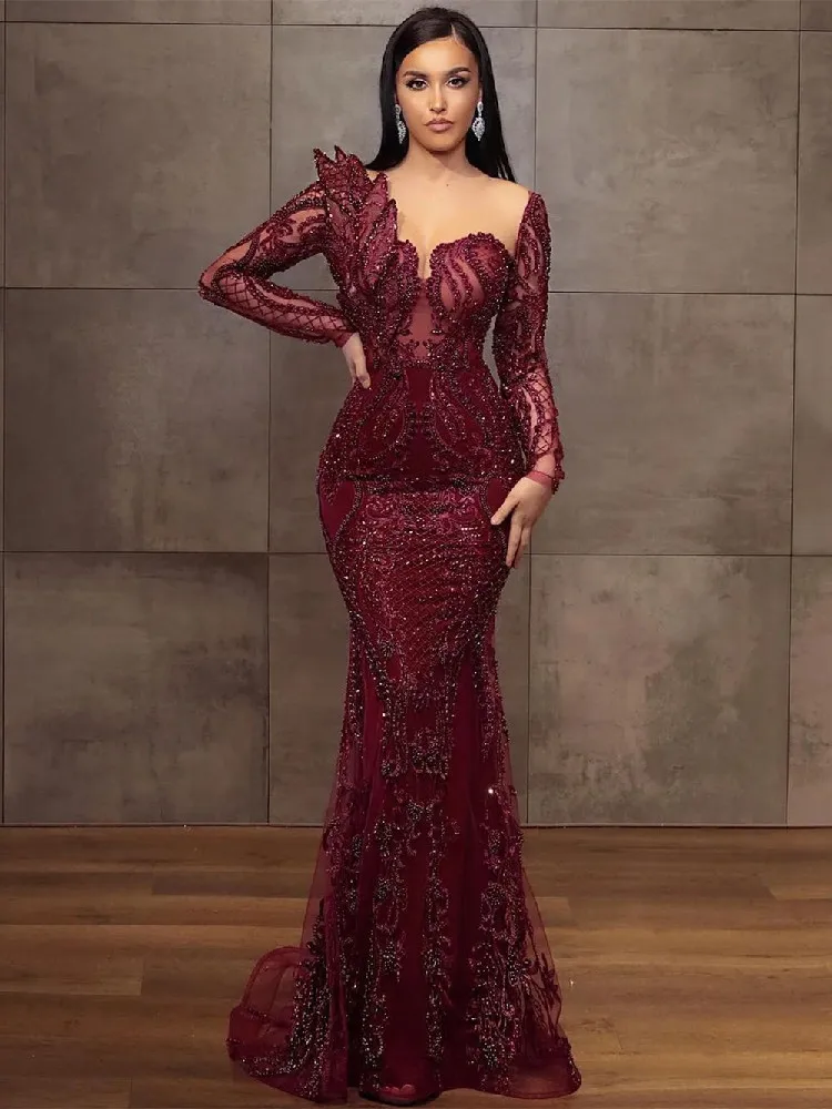 

Burgundy Mermaid Evening Dresses V Neck Long Sleeves Sequins Beaded Luxury Appliques Diamonds Sparkly Prom Dresses Custom Made