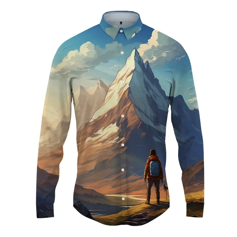thumbnail image 1 of Camisa con solapa con estampado 3D de paisaje para hombre y mujer, camisas casuales de moda de manga larga, ropa de calle con botones, ropa unisex de gran tamaño, 1 of 5