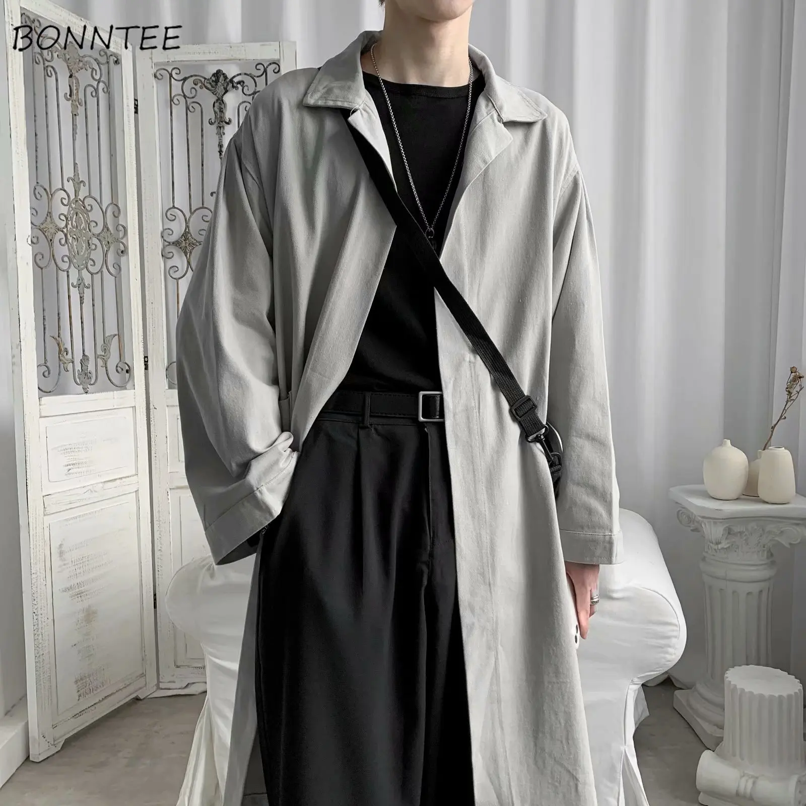 Trench Men Loose Solid Coats All-match Casual Handsome Turn-down Collar Tops Hong Kong Style Design Sashes Male Chic