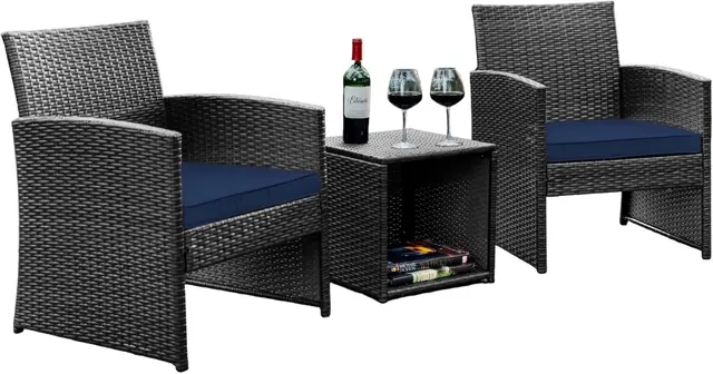 3-Piece Wicker Patio Furniture Set with Table and 2 Chairs, Waterproof Outdoor Seating in Grey/Navy