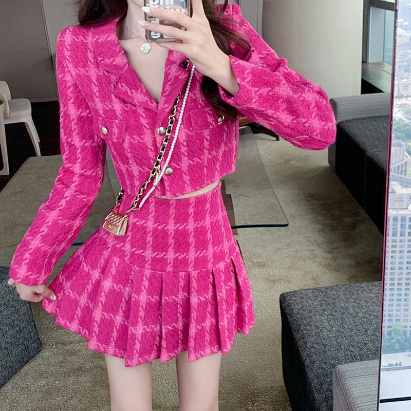 

Women Small Fragrance Plaid Tweed 2 Piece Set Fashion Single Breasted Short Coat & Mini Pleated Skirt Suits Casual Ladies Outfit