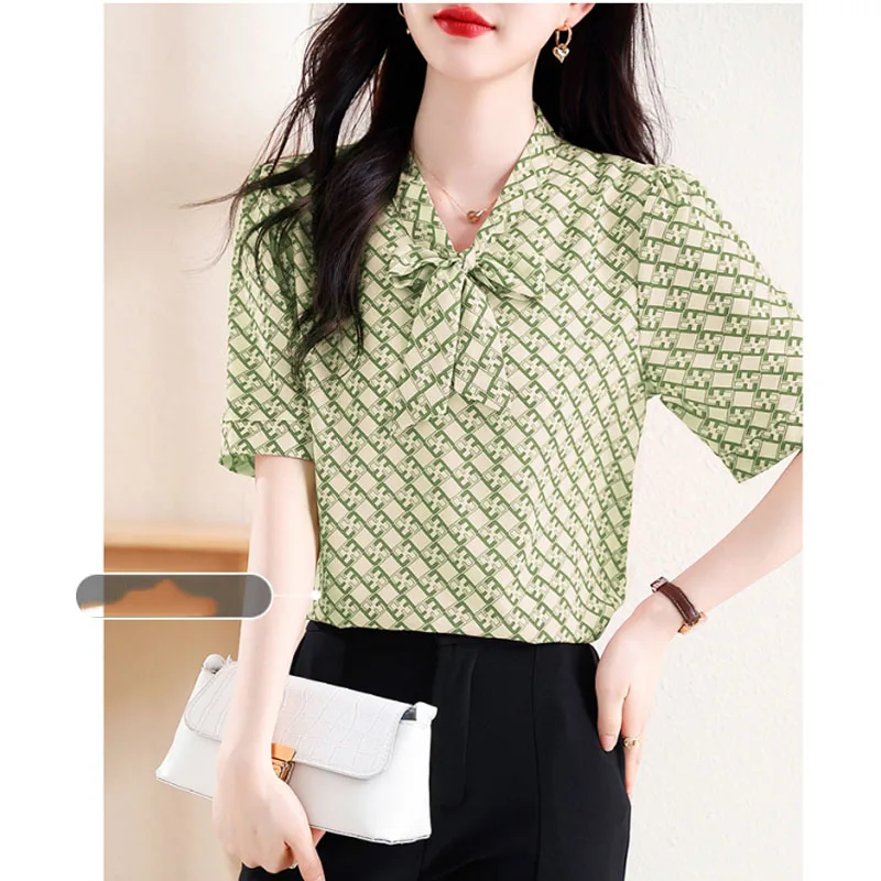 2024 Summer New Women\'s Printed Scarf Collar Bow Pullovers Fashion Elegant Versatile Commuter Slim Half Sleeve Chiffon Tops