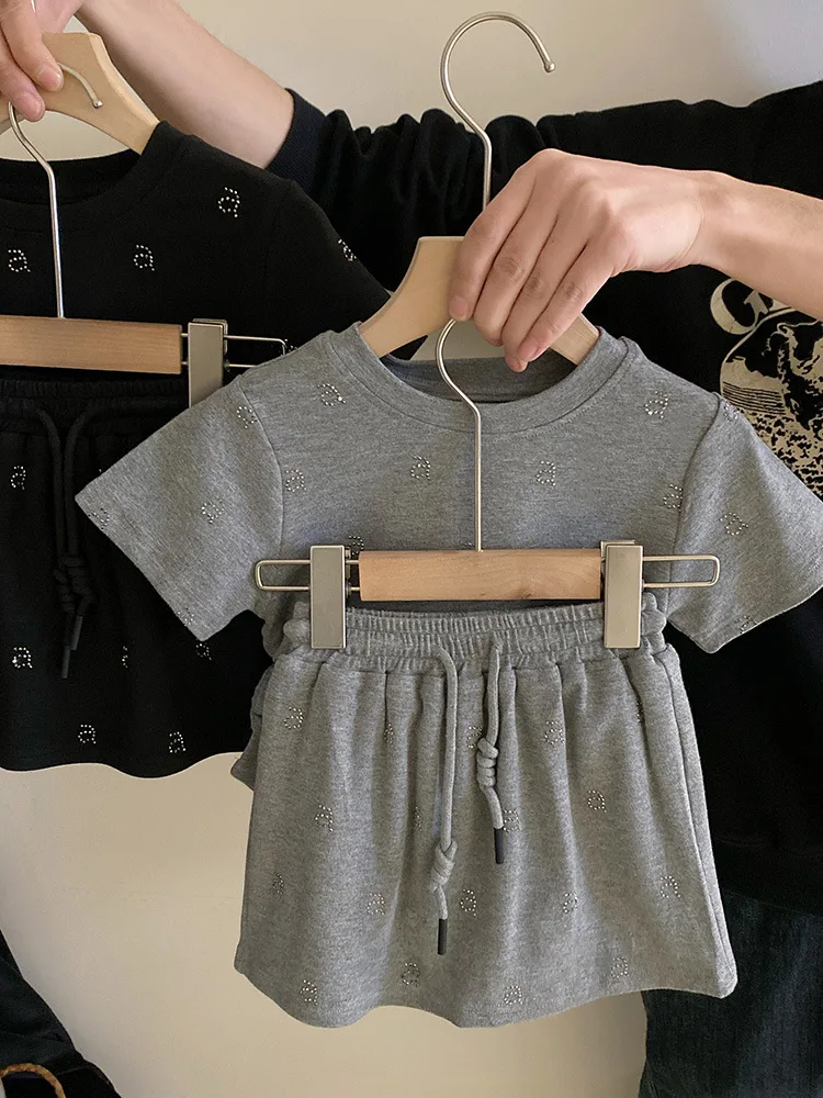 

Girls' Suit2024New Western Style Fashion Heavy Embroidery Hot Drilling Short SleeveTT-shirt Casual and Comfortable Short Skirt F