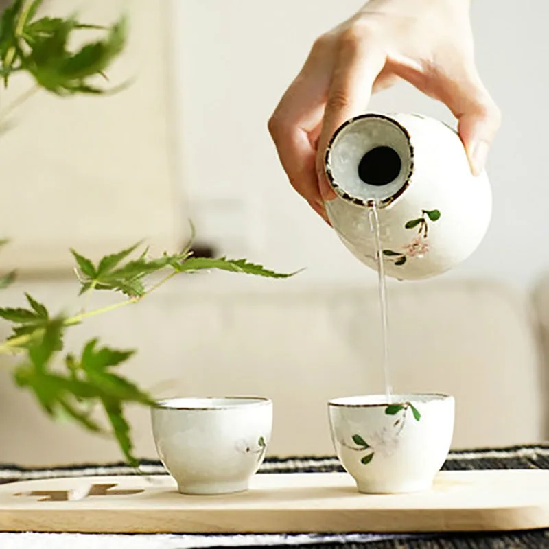 Japanese Style Sake Pot Cup Set, Vintage Cherry Blossom Hip Flasks, White Wine Spirits, Liquor Cup, Home Kitchen Flagon