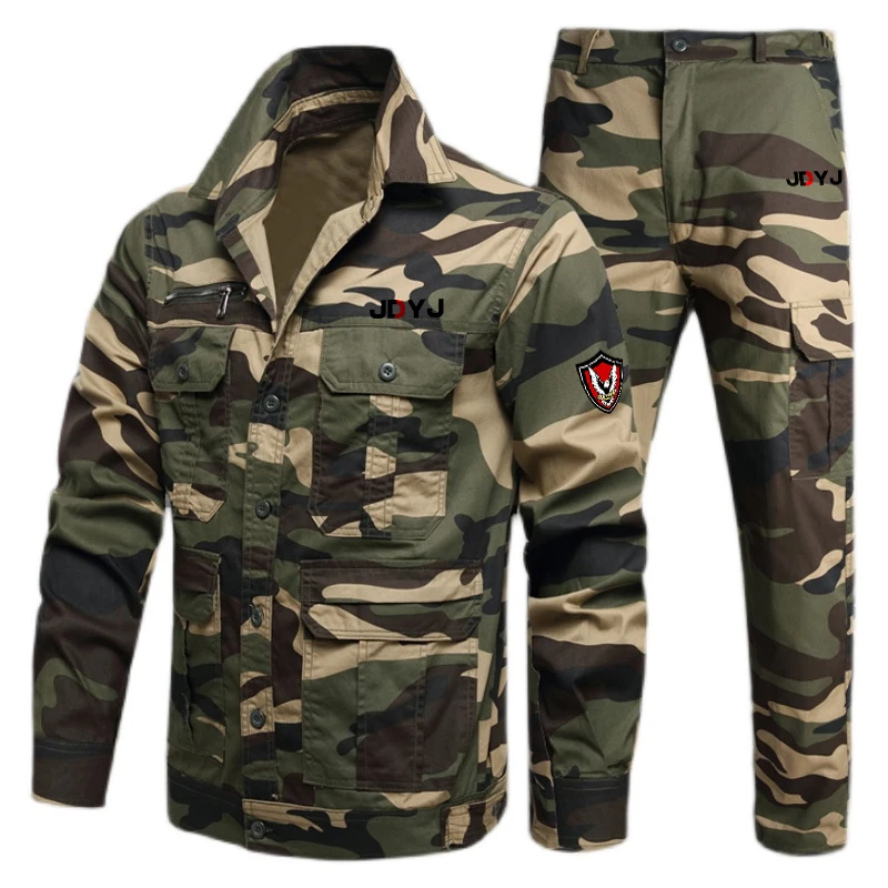 Men's Work Clothes Summer Set Outdoor Camouflage Set Thin Jacket Long Pants Wear resistant Pocket Work