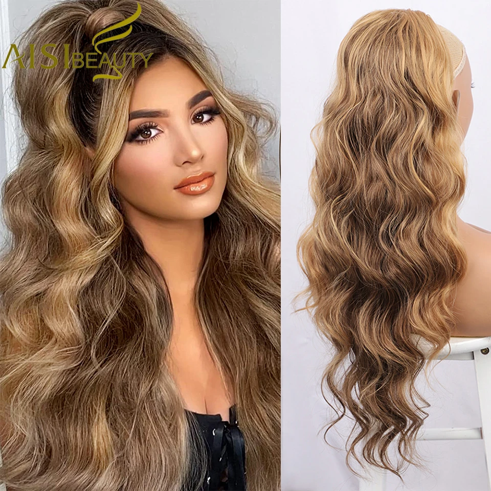 

AISI BEAUTY Synthetic Long Wavy Ponytail Extensions for Black Women Omber Blond Ash Brown Drawstring Ponytail Clip in Hairpiece