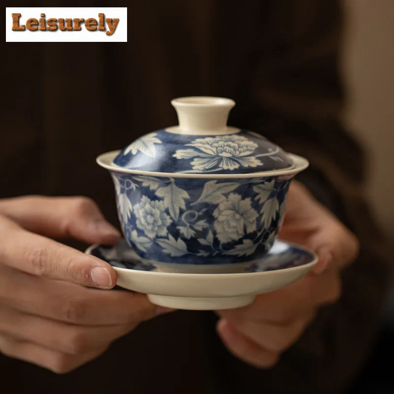 150ML Soda Glaze Yuan Blue And White Gaiwan Traditional Tea Tureen Tea Bowl With Lid Kit Tea Brewing Cover Bowl Tea Decoration