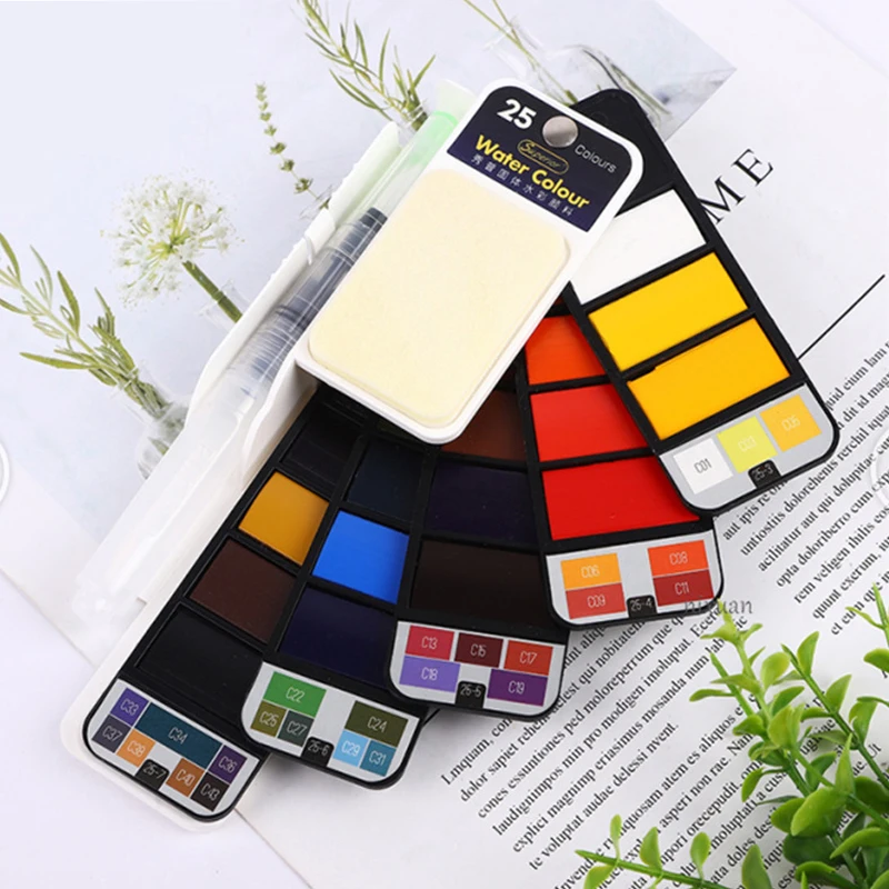 Portable Watercolor Paint Set with Brush, Assorted Colors Travel Fan Folding Pocket Art Kit for Students Artist Outdoor Painting