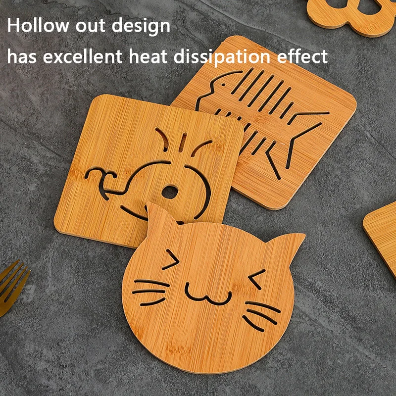Cartoon Hollow Wooden Coaster Thickened Anti Scalding Heat Insulation Mat for Kitchen Tableware
