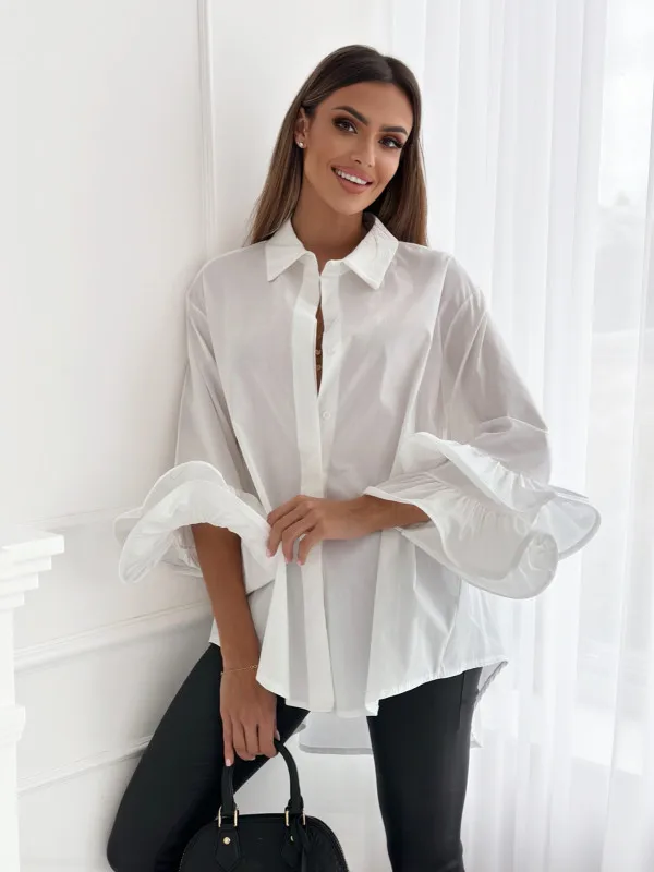 

Women's Shirts 2024 Autumn White Blouse For Women Elegant Stylish Long Sleeve Turndown Collar Black Shirt Female Tops Clothing