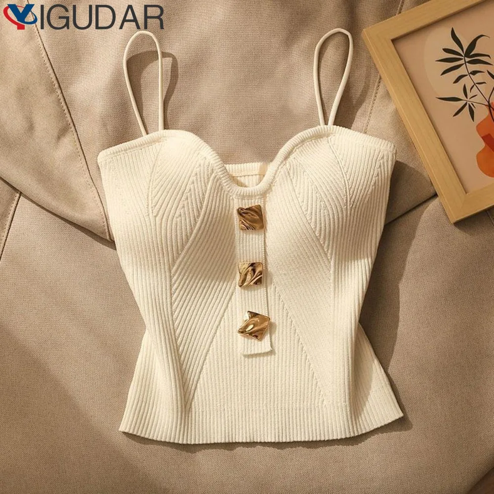 

French Knitted Crop Top For Women Solid Color Lace Sling Tops Knitwear Tank Top Female Sexy Slim Camisole Sweet Short Beau