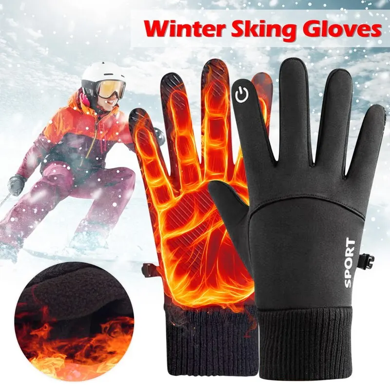 Gants chauds d'hiver noirs en polaire pour écran tactile, imperméables, pour cyclisme, sports de plein air, course à pied, moto, ski