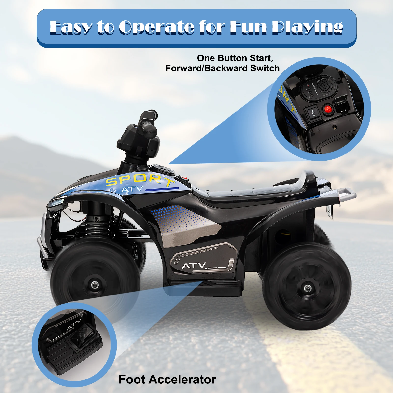 6V ATV Quad for Kids, Electric Ride on Toys for Toddlers w/MP3, LED Light, Spring Suspension, One-Button Start, Foot Accelerator