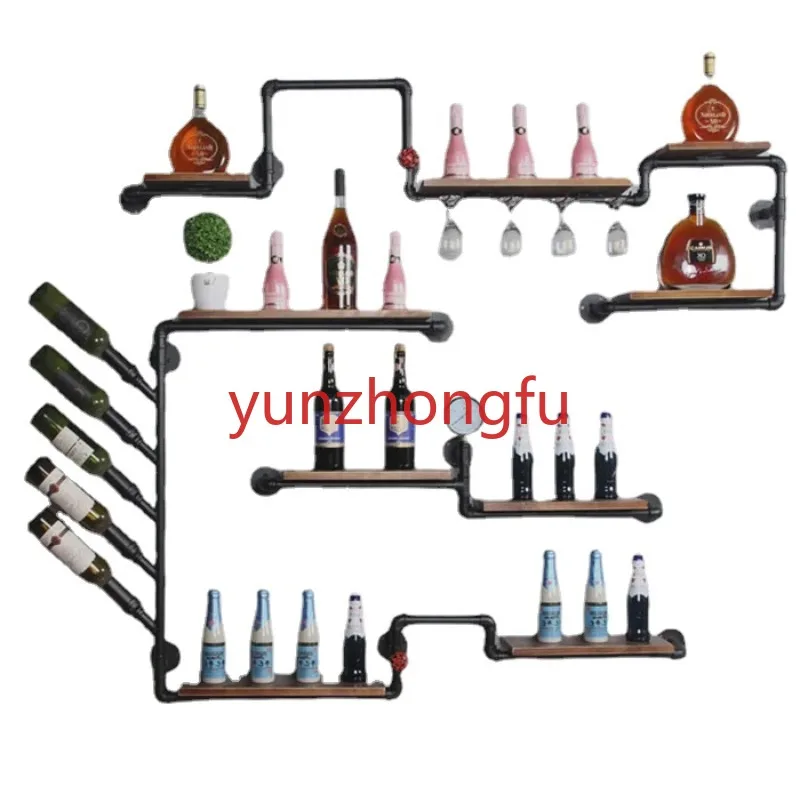 

Customized Wine Steel Shelf Wooden Hanging Bar Loft Rack Industrial Pipe Floating Shelves