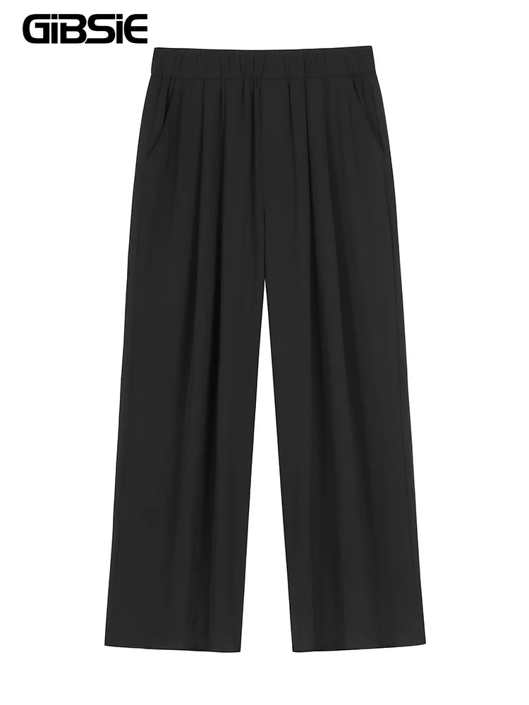 

GIBSIE Plus Size Women Casual Straight Tube Wide Leg Pants Elastic Waist Loose Office Work Long Trousers for Spring Summer Fall