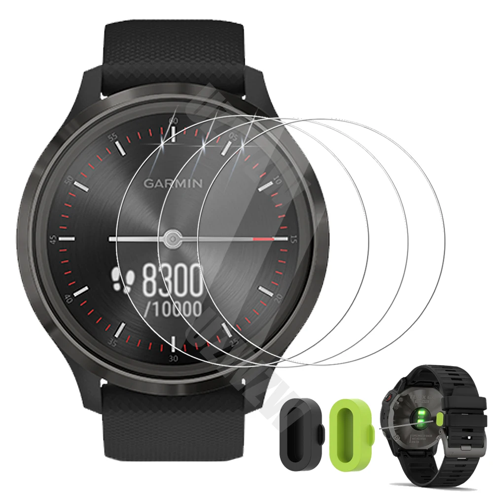 

(3+2) For Garmin Vivomove 3 3s Smart Watch (3pcs) Tempered Glass Screen Protector & (2pcs) Charger Port Anti-Dust Plugs Cover