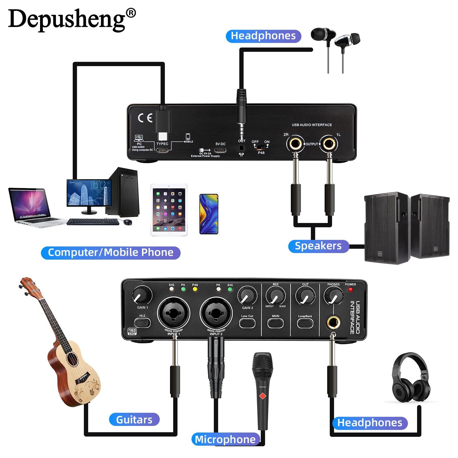 오디오 인터페이스 Depusheng MD22 USB 3.0 사운드 카드(모니터링 포함) 일렉트릭 기타 라이브 녹음용 스튜디오 노래 마이크로
