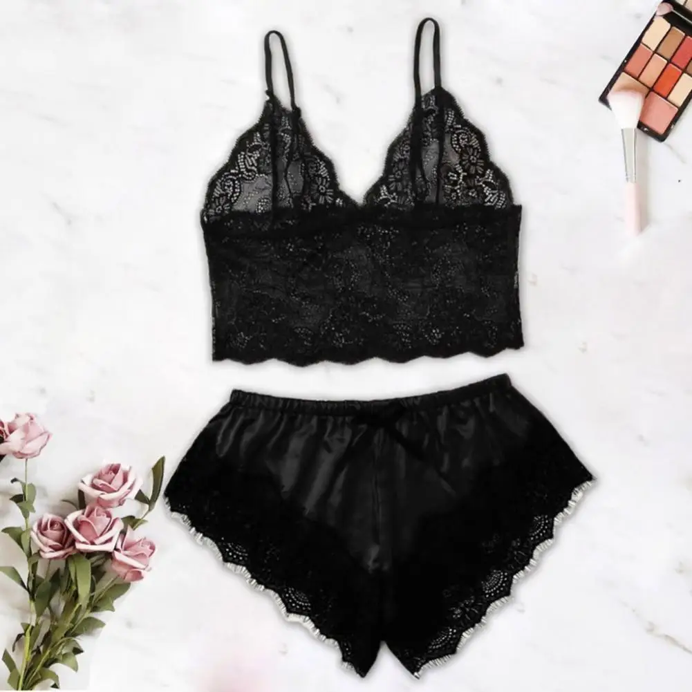 Women Pajamas Set Women Pajama Suit Women Camisole Shorts Lace Pajama Sets Sexy See Through Lingerie Camisoles Tanks Women's Pajama Shorts Suit Homewear Sleepwear