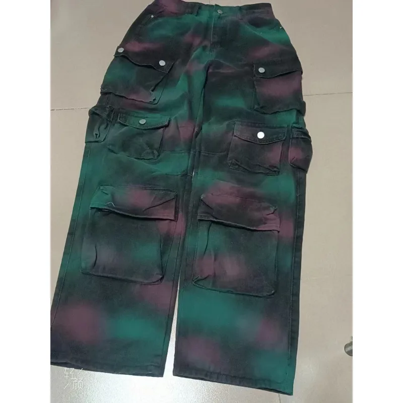 Tie Dyed Straight Leg Cargo Pants Women Streetwear 2023 Winter Fashion Multi 3D Pocket High Waist Jeans Casual Trouser