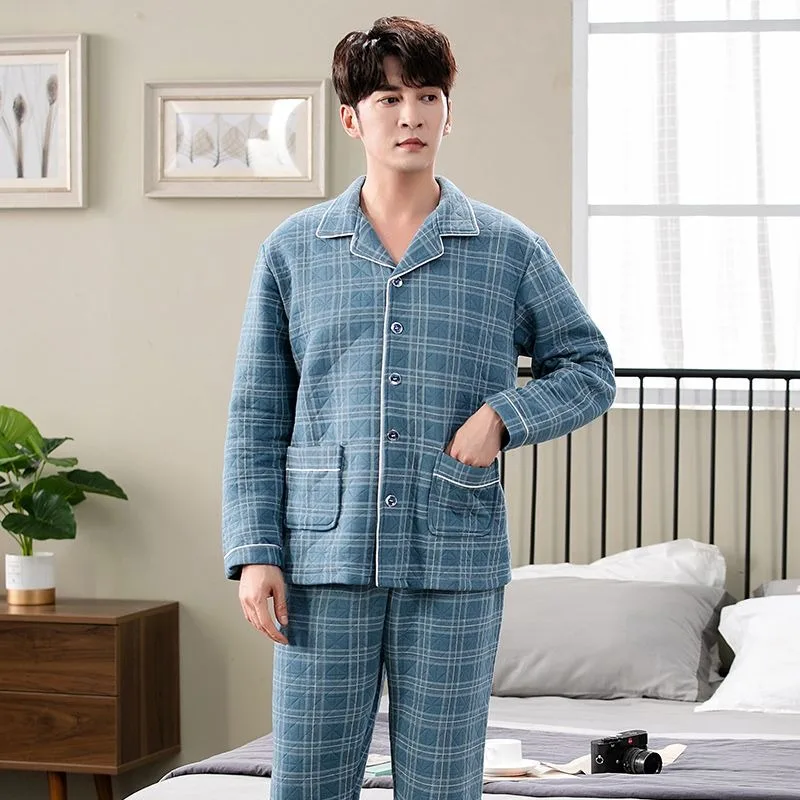 Men Pajamas Autumn Winter Knitted Cotton Casual Large Size Male Sleepwear Sets Air Cotton Medium Thick Plaid Homewear Suit 2024