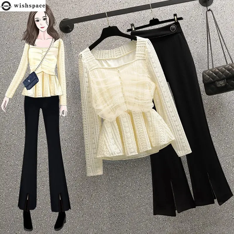 2022 Spring New Elegant Women's Pants Set Sexy Lace Chiffon Top Black Trousers Two-piece Set Female Blouse Tracksuit womens warm velvet skinny jeans women high elastic waist stretch denim pants fleece lined slim trousers female autumn black grey