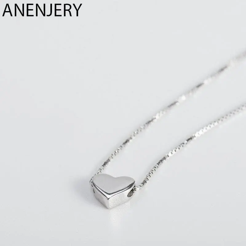 ANENJERY Silver Color Smooth Heart Shaped Pendant Necklace