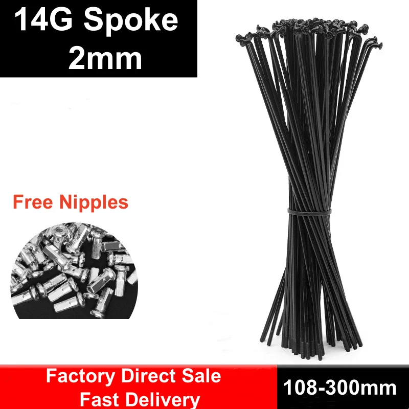 20 Pcs/lot 2.0mm Spokes With Caps 14G Steel Cylinder Black Color J-bend Spoke 108-300mm Length Road Bicycle Spokes Wheels Parts