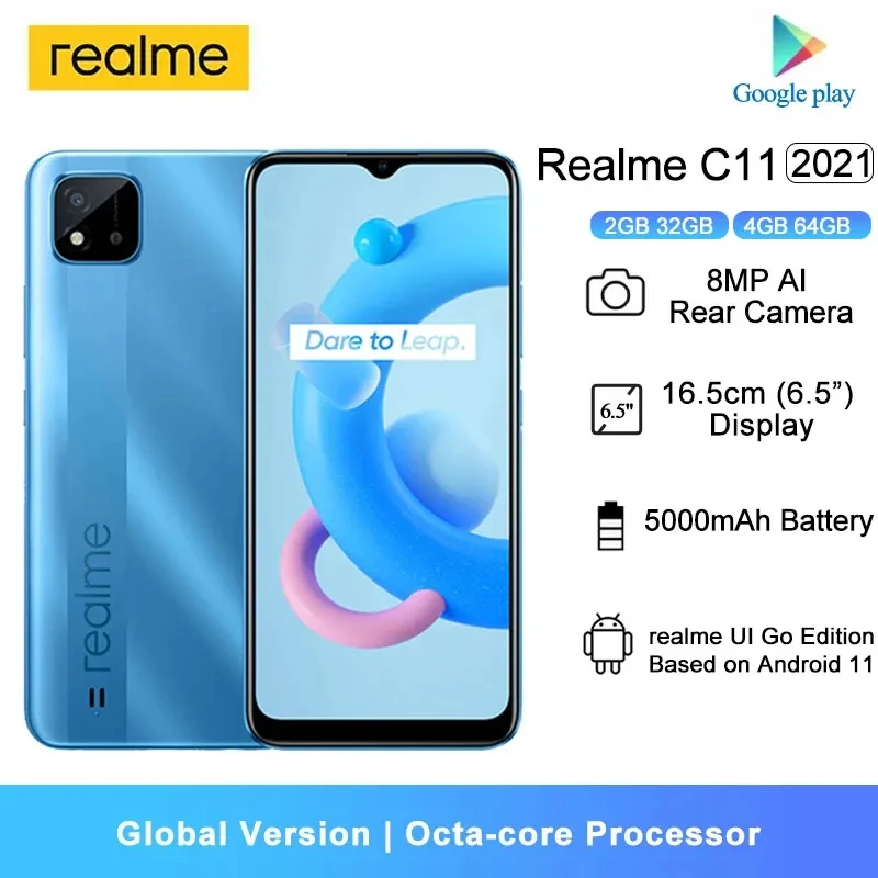 

Global Version Realme C11 2021 4G Cellphones 2GB/4GB RAM 6.5" HD+ Octa-core 8MP AI Camera 5000mAh Battery Mobile Phones