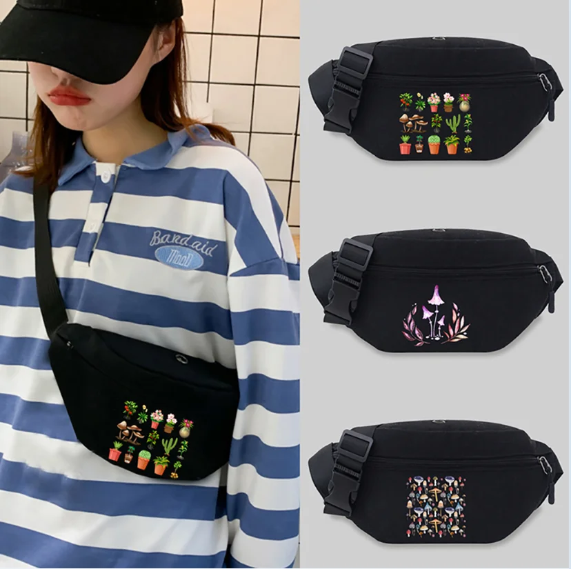 

2022 Waist Bag Unisex Bum bags Student Trend Mushroom pattern Print Lightweight Black Leisure Sports Chest Bag Wild Fanny pack