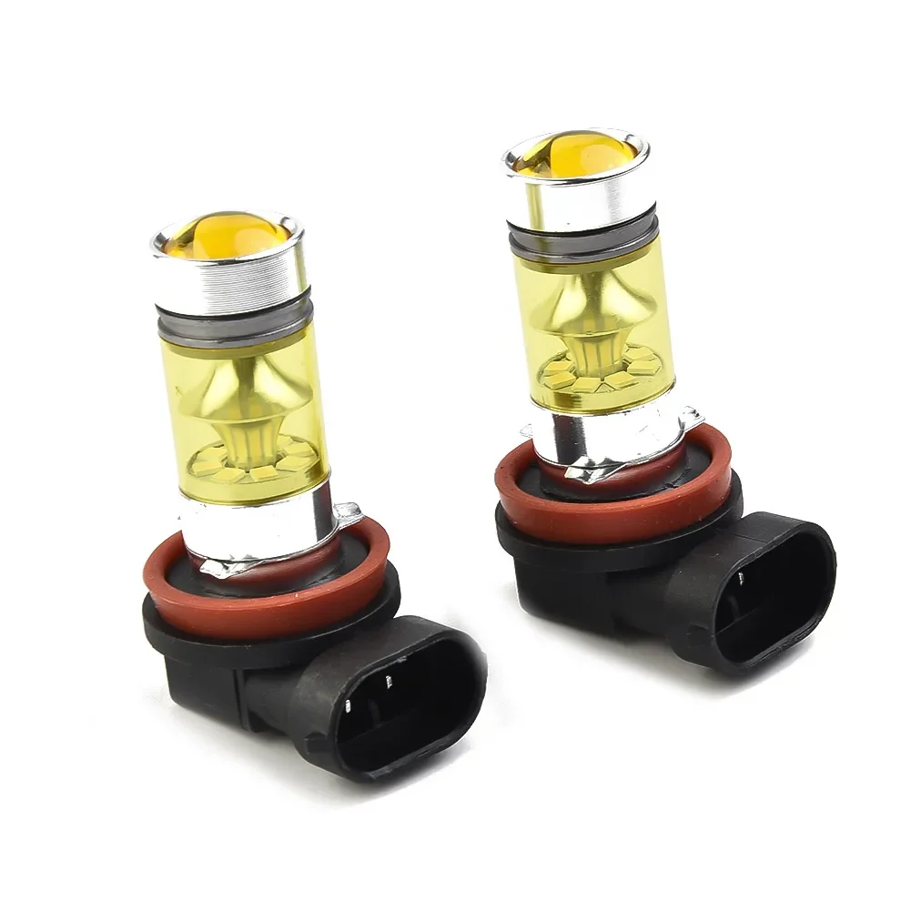 100W H11 H8 LED 노란색 안개등 전구, DRL 라이트, 1500LM 4300K PMMA 렌즈 전구, 터보 안개등, 12V 운전 전구, 2 개