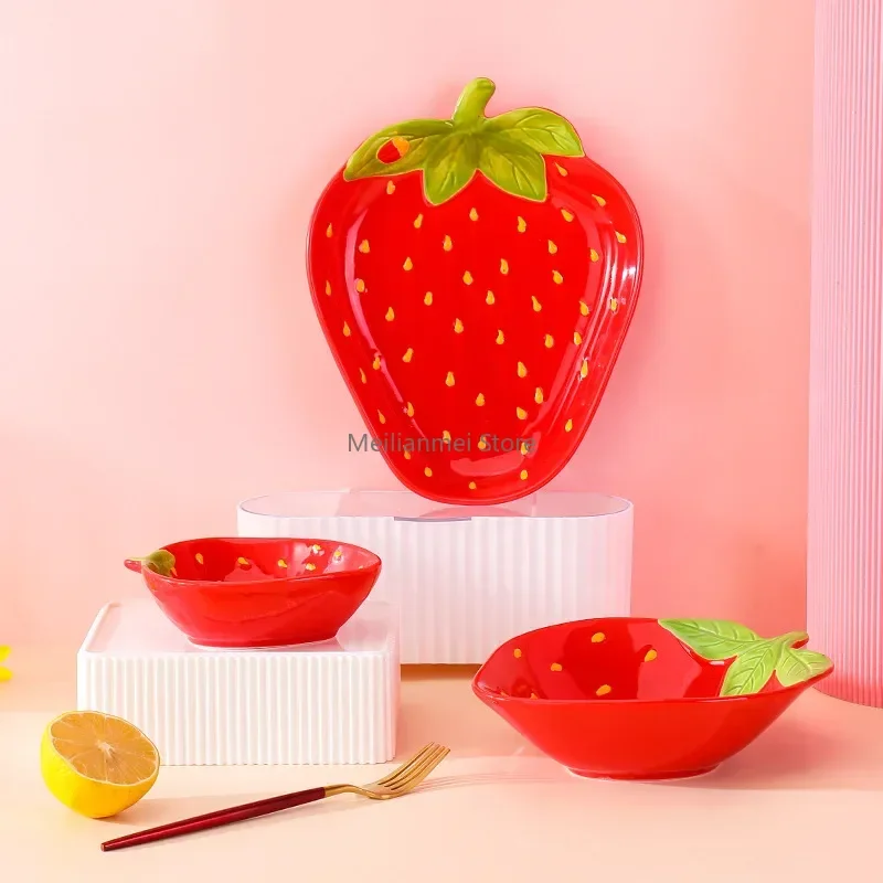 Ceramic Strawberry plate Dish Tableware Cartoon Dessert Salad Bowl Dim sum Dish Fruit plates Ceramic Bowl Kitchen supplies