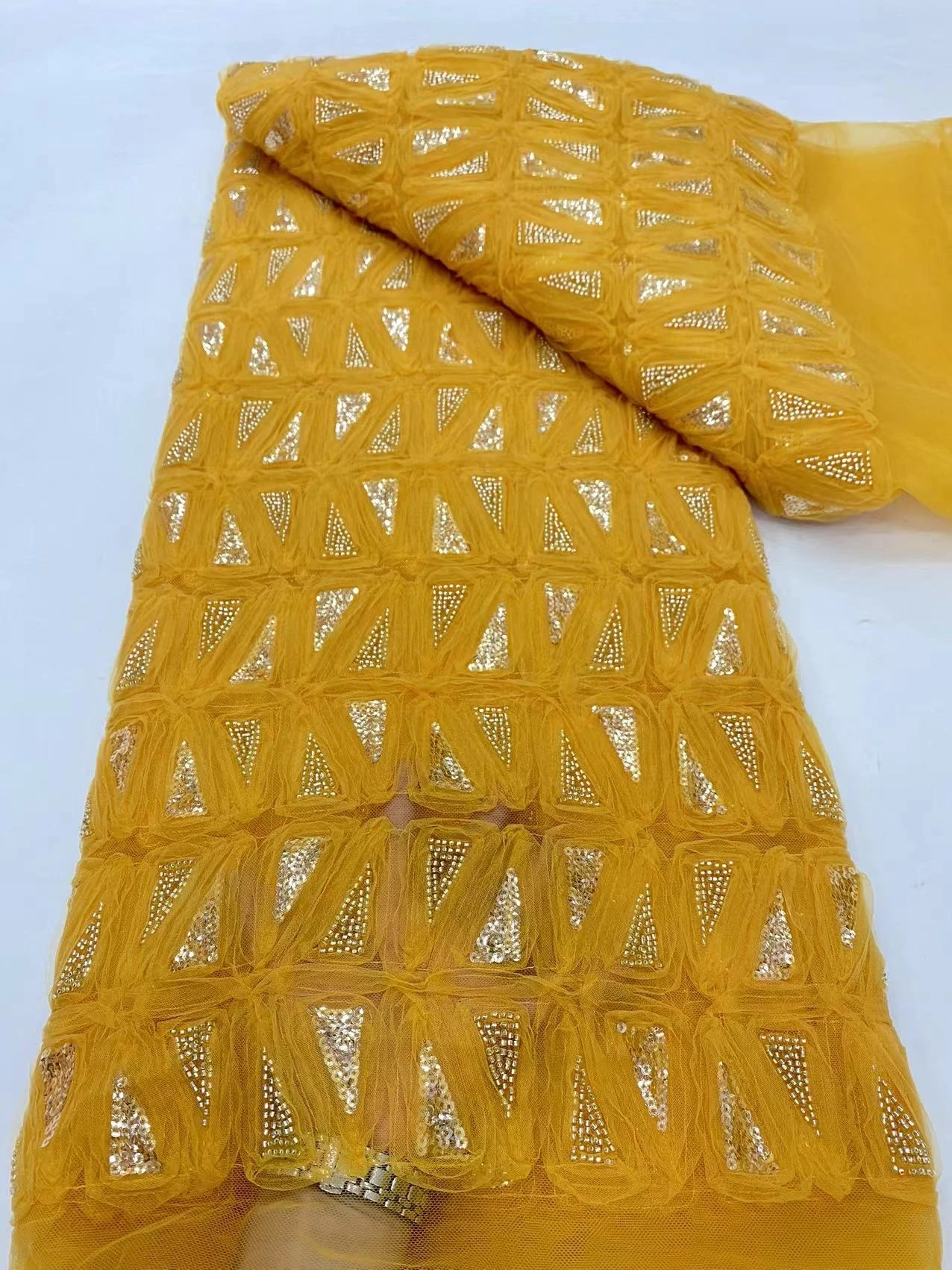 

5Yard African Lace Beaded Mesh Sequin Yellow Fabric Embroidery Party Dresses For Women Luxury Tulle Fabrics Sewing Meters DP0062