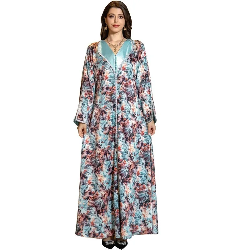 Muslim Abaya Maxi Dress Casual African Dresses For Women Printed V-neck Long Sleeves Loose Dubai Ethnic Wear 2023 Fall Vestidos women s elegant mini dress fashion antique bronze chevron printed shirt dress office half sleeves lapel single breasted dresses