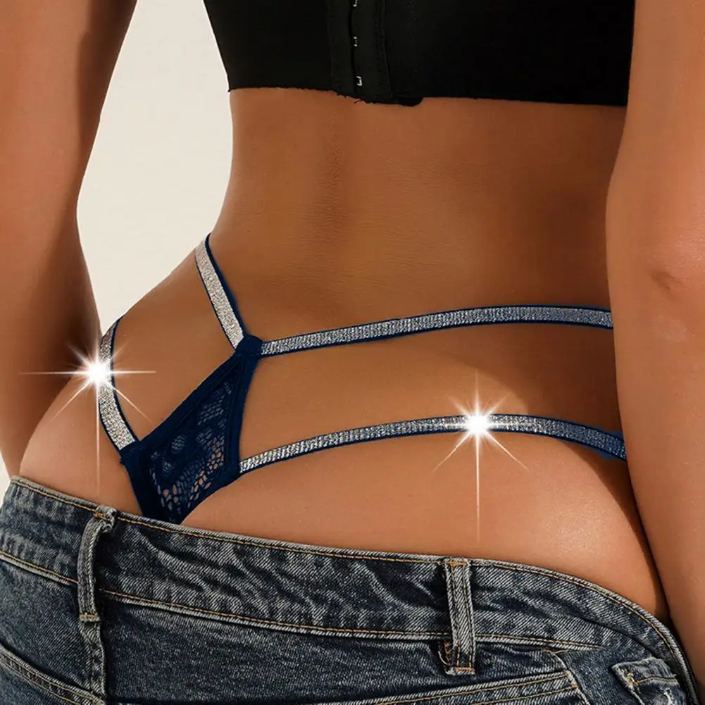

Soft Breathable G-string Floral Lace Rhinestone Straps Sexy Women's G-string Thong with Low Waist See-through Sheer Breathable