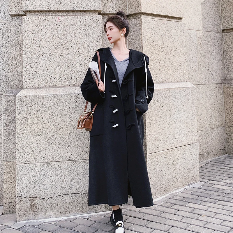 

Black Horn Button Hooded Loose Long Wool Coat Overcoat 2023 Autumn Winter Women Fashion Elegant Windbreaker Jacket Cloak 5953