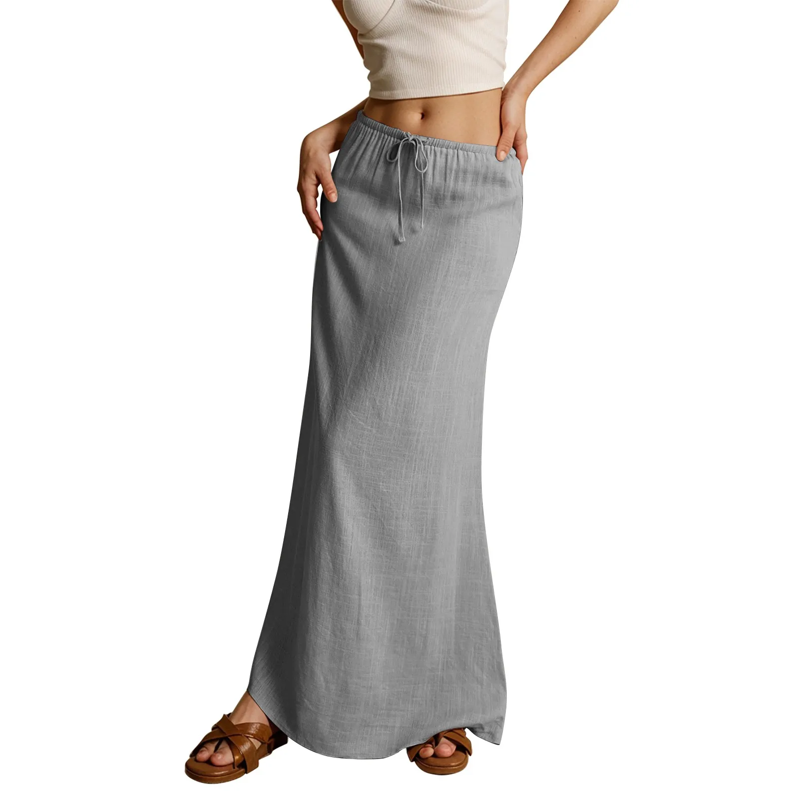 Women's Basic Versatile Drawstring Low Waist A Line Casual Skirts Sexy Tight Solid Color Bodycon Long Maxi Skirts
