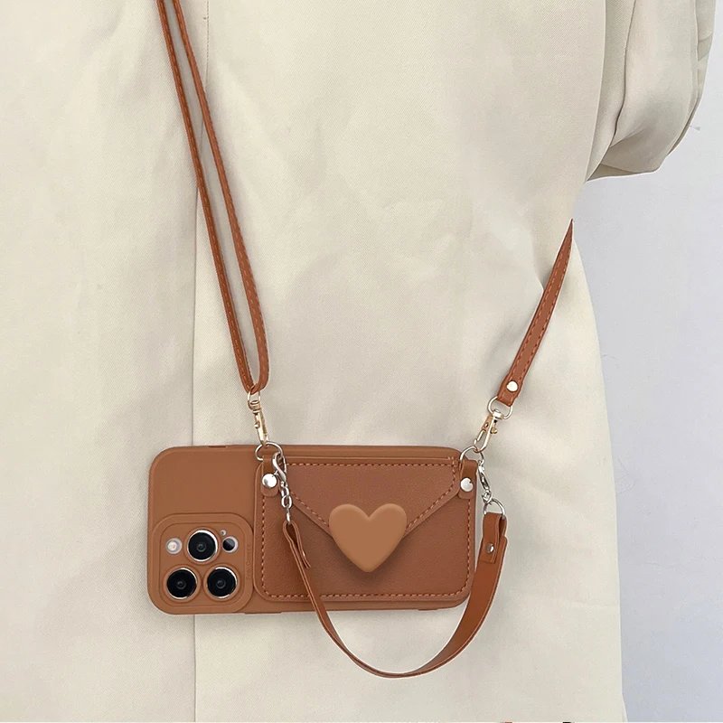 Crossbody Lanyard 3D Heart Wallet Card Case with Wrist Strap - Soft Silicone Cover
