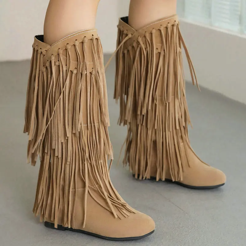 

Faux Suede Brown Pink Mid-calf Bohemian Western Women Shoes Winter Stylish Street Style Ethnic Flat Boots With Fringes Tassels