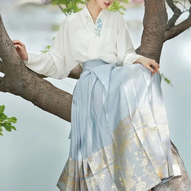 Spring Autumn New Chinese Style Sets White Embroidered Long Sleeve Lacing Cardigan and Vintage Printing Pleated A-line Skirt