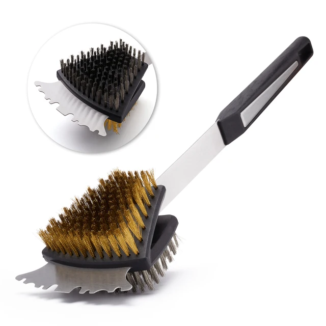 Kettős Oldalú Grilltisztító Kefe És Kaparó, 16,5 "Bbq Kefe, Grillező Rozsdamentes Sárgaréz Sörtékkel, Reszel