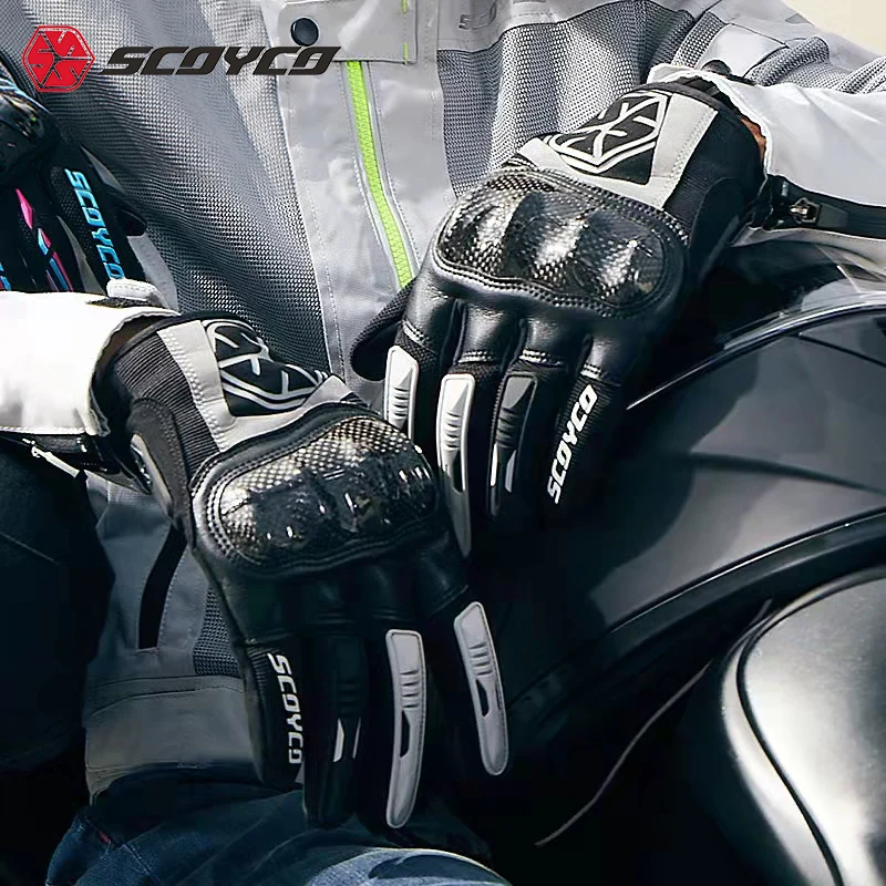 SCOYCO MC122 Carbon Fiber Leather Gloves Motorcycle Motocross Gloves Lightweight Dual Finger Touch Screen Moto Gloves