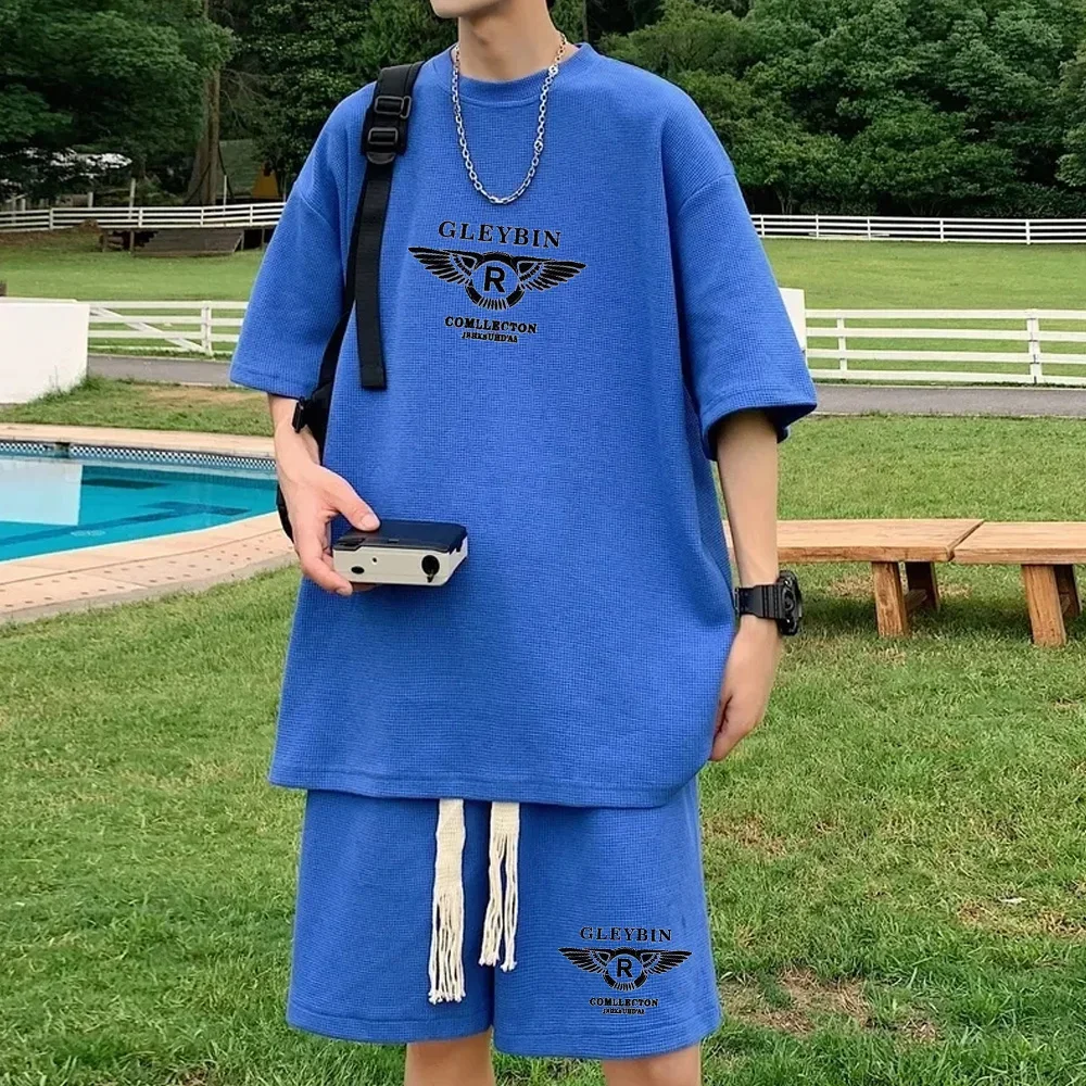 Conjunto de verano para hombre, camiseta con estampado de gofres, pantalones cortos, traje, diseño de marca elegante, pantalones deportivos de moda, conjunto de 2 piezas