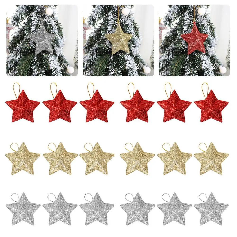 

6PCS Pentagram Christmas Hanging Pendant Silver Gold Glitter Star Xmas Tree Ornament Festive Wedding Party Home Decoration