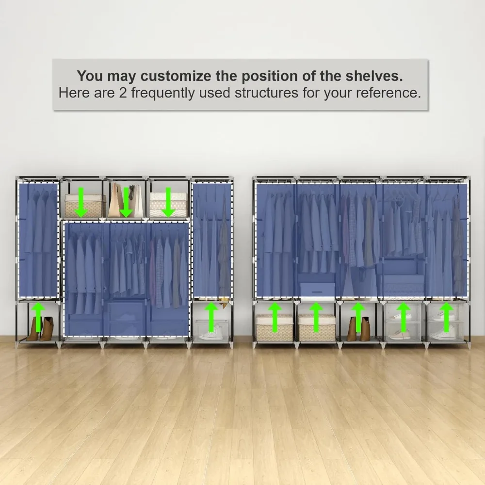 Portable Closet Wardrobe, Clothes Storage Rack Organizer with Cover, Side Pockets, 5 Clothes Hanging Rods 4